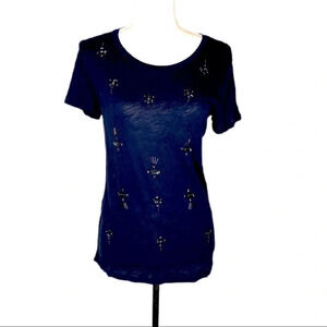 J. Crew tee shirt women’s dark blue with embellishments on the front. Size S
